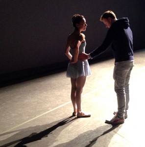 Ben Huys checking Patricia's costume before performing Duo Concertant at the Arsht Center. 