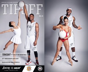 Patricia Delgado with Dywane Wade on the cover of TIPOFF. Jeanette Delgado and LeBron James also made the inside cover! 